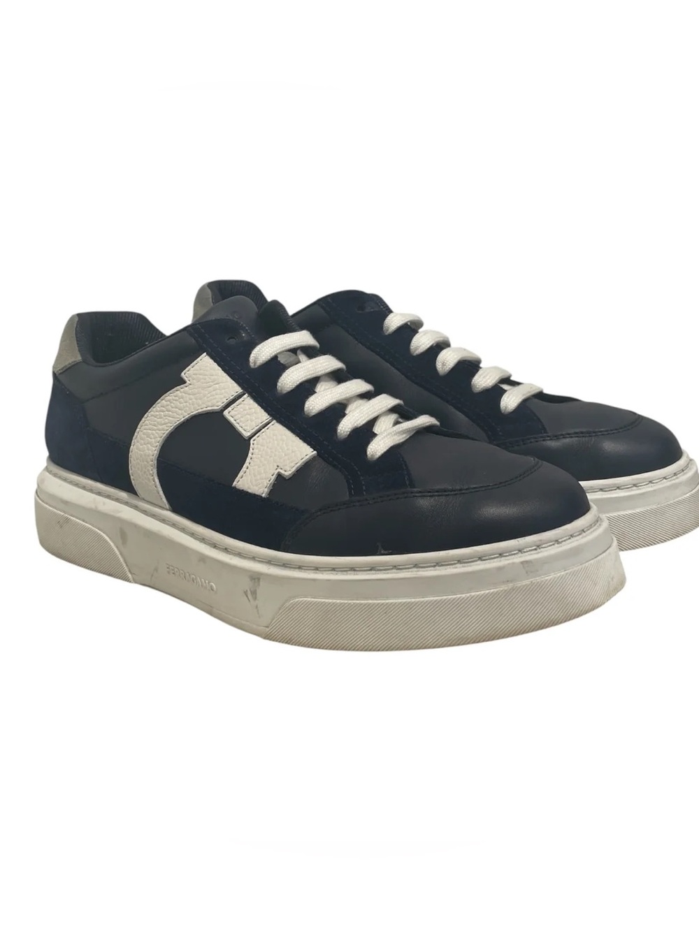 Salvatore Ferragamo Black and White Logo Leather Sneakers